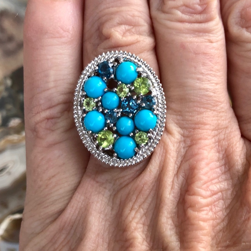 Pangea Mines Turquoise, Peridot & Topaz Ring Sz 8